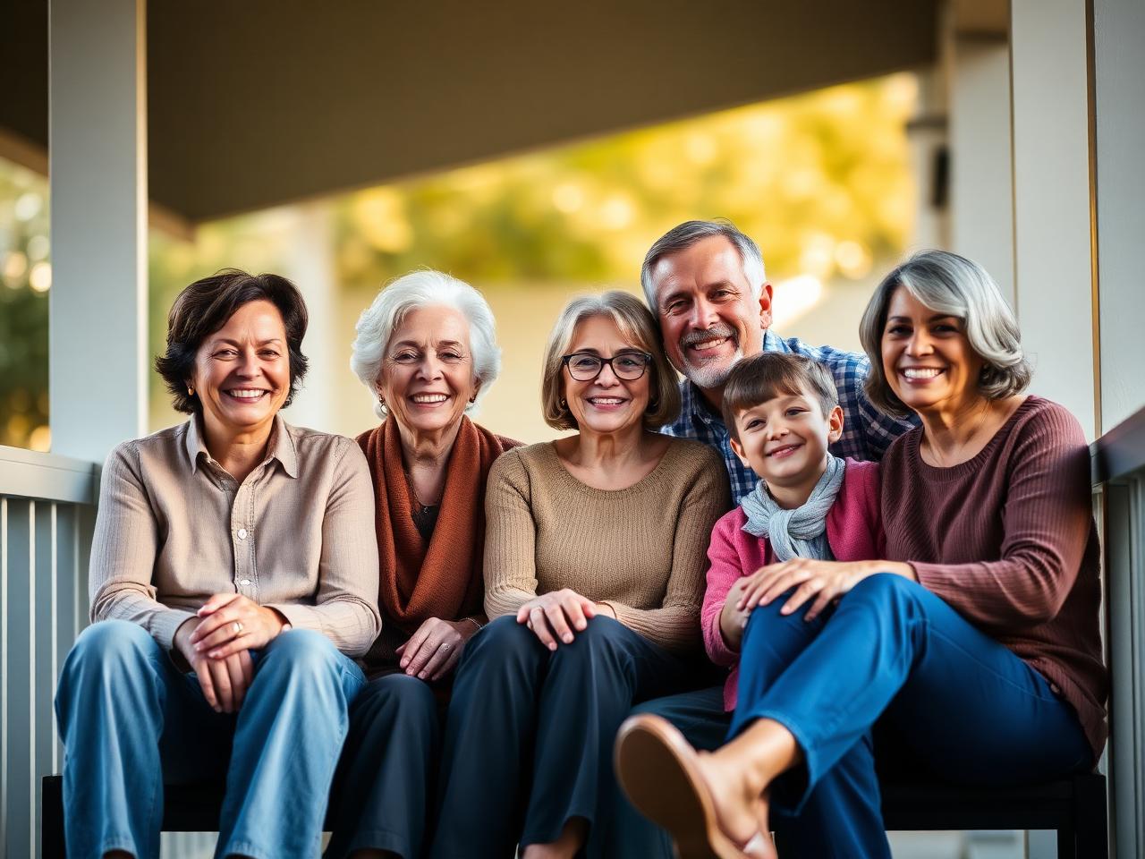 Multigenerational American family on a sunlit porch