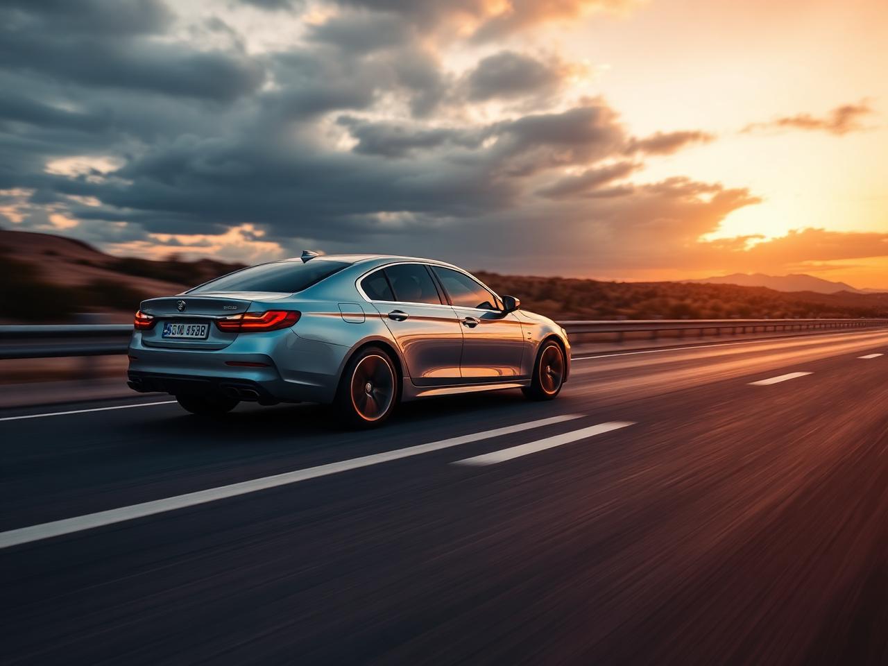 Silver sedan on a highway at golden hour
