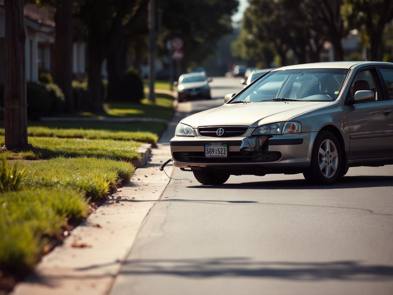 Damaged car after a minor collision on a suburban street