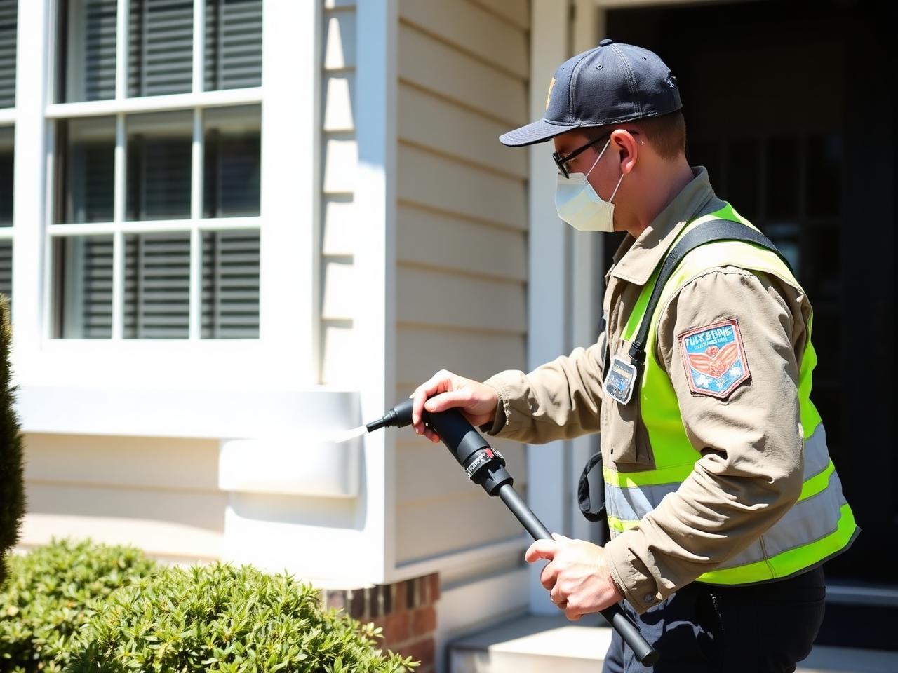 Pest control technician treating the exterior of a home