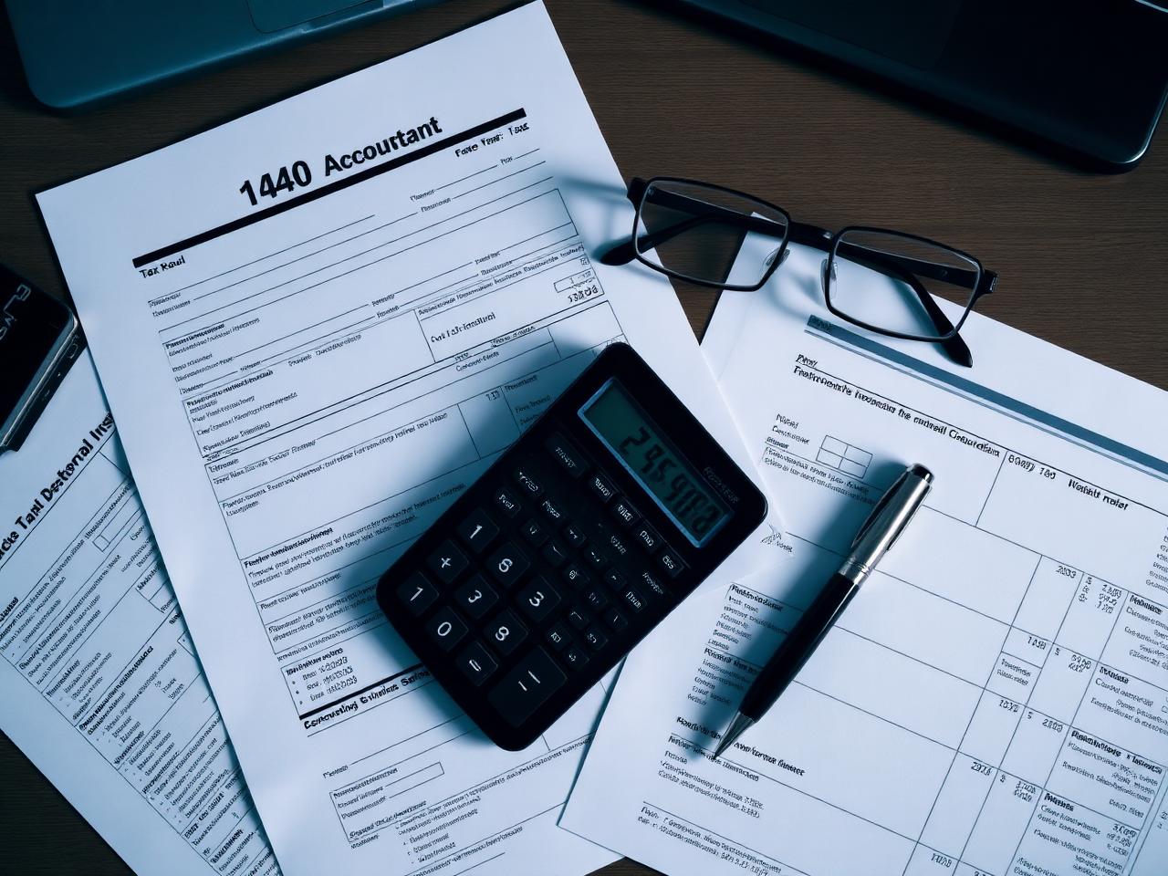 Tax forms, calculator and pen on a desk
